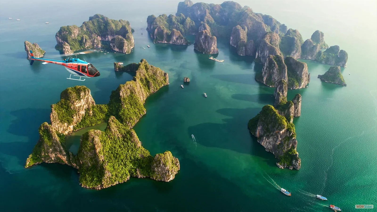 Aerial view of Ha Long Bay, featuring limestone karsts and emerald waters in Vietnam