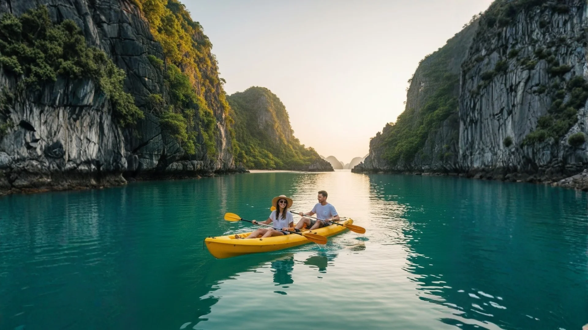 Two travelers in a kayak paddling through a calm, turquoise lagoon surrounded by steep limestone cliffs in Lan Ha Bay.