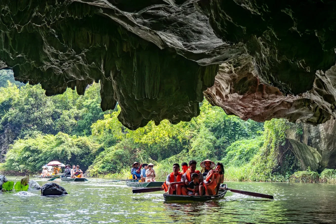 Local rowers guiding bamboo boats along the Ngo Dong River beneath limestone cliffs in Tam Coc.