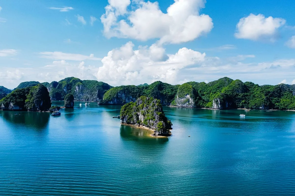 An aerial view of the lush greenery and limestone karsts of Cat Ba Package Tour