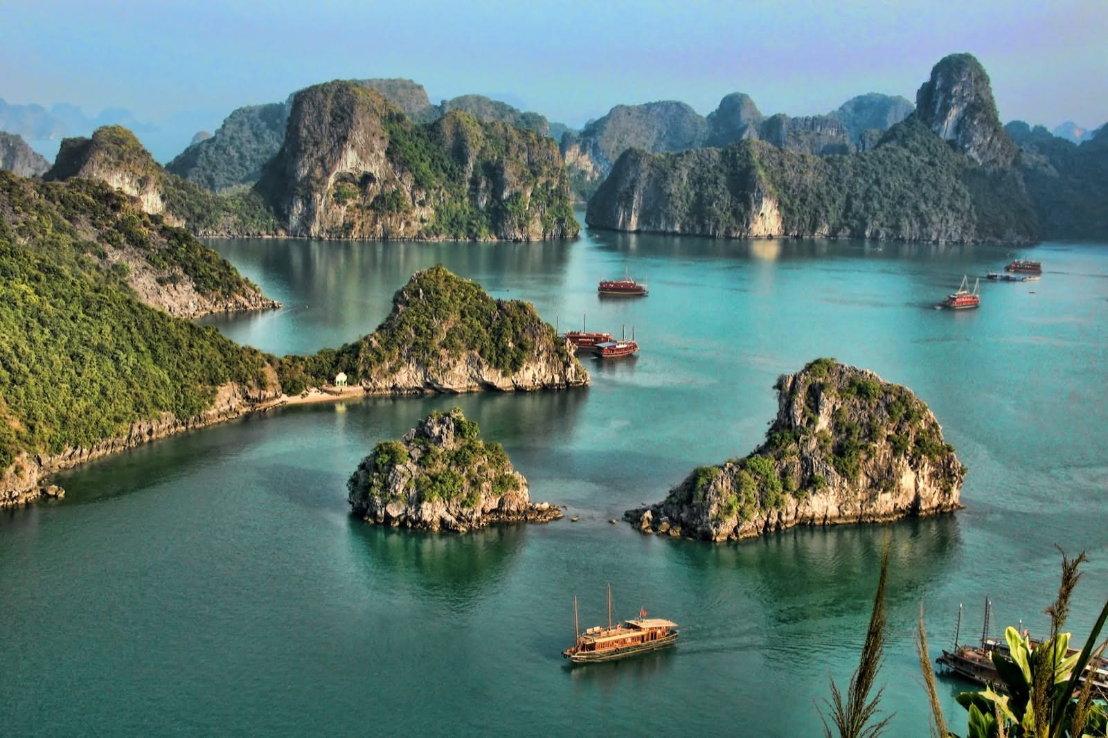 Cat Ba to Ha Long Bay route - Aerial view of the majestic limestone islands and emerald waters